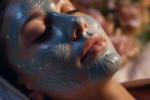 uma fechar - acima foto do uma mulher aplicando uma face mascarar, exibindo seus cuidados com a pele rotina. generativo ai