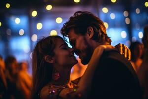 uma fechar - acima tiro do uma casal apaixonadamente dançando às uma noite clube. vibrante cores. generativo ai foto
