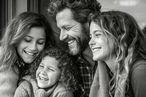 uma fechar - acima foto do uma radiante americano família amontoado junto, seus rostos preenchidas com alegria e risada. generativo ai