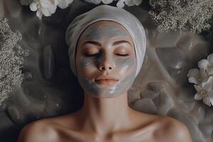 mulher dentro mascarar em face dentro spa beleza salão. aéreo Visão foto. generativo ai foto