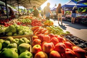 uma comprador explorando uma movimentado agricultores mercado, cercado de fresco produzir e local artesanal bens. generativo ai foto