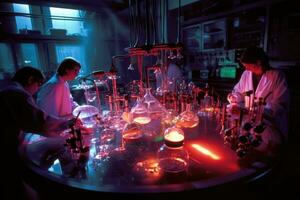 equipe do cientistas conduzindo experimentos dentro uma química laboratório. generativo ai foto