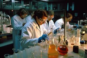 equipe do cientistas conduzindo experimentos dentro uma química laboratório. generativo ai foto