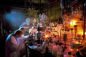 equipe do cientistas conduzindo experimentos dentro uma química laboratório. generativo ai foto