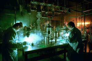 equipe do cientistas conduzindo experimentos dentro uma química laboratório. generativo ai foto