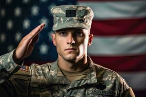 americano soldado dentro uniforme em pé alta e saudando, com a americano bandeira dentro a fundo. generativo ai foto