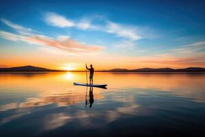 uma sereno tiro do uma paddleboarder planador através uma calma lago às nascer do sol. generativo ai foto