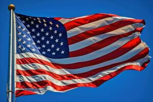 uma poderoso imagem do a americano bandeira acenando orgulhosamente dentro a vento contra uma Claro azul céu. generativo ai foto