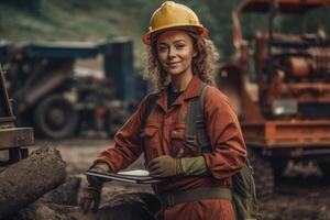 foto do mulher trabalhando dentro uma área de trabalho, capacete, sorridente e segurando uma caderno. generativo ai