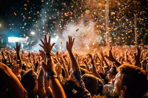 a vibrante atmosfera do uma música festival com uma multidão do entusiasmado fãs torcendo para seus favorito banda. generativo ai foto