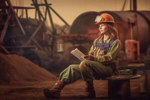 foto do mulher trabalhando dentro uma área de trabalho, capacete, sorridente e segurando uma caderno. generativo ai