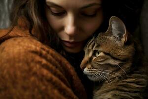 uma foto do uma mulher sentado pacificamente, embalando dela gato dentro dela braços, Como ela plantas uma □ Gentil beijo em Está cabeça. generativo ai