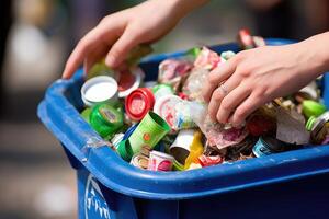 uma tiro do mãos segurando uma reciclando bin preenchidas com vários reciclável Unid. generativo ai foto