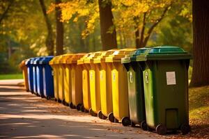 uma tiro do uma linha do reciclando caixas dentro uma bem - mantido cidade parque. generativo ai foto