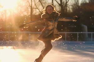 foto do uma figura skatista graciosamente realizando uma girar ou saltar em a ao ar livre gelo pista. generativo ai