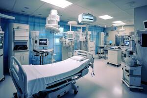 uma Largo - ângulo tiro do uma hospital quarto interior, concentrando em a moderno médico equipamento e tecnologia. generativo ai foto