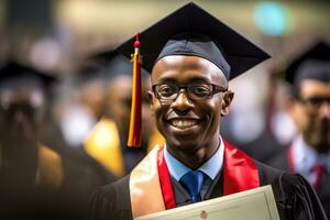 uma fechar - acima tiro do uma afro americano homem graduado segurando seus diploma com uma orgulhoso sorrir em seus face. generativo ai foto