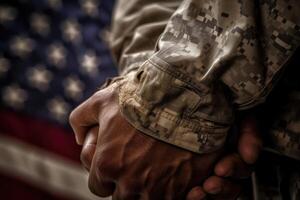 uma fechar - acima foto do a americano de soldado mão segurando uma guardada americano bandeira, representando honra e sacrifício. generativo ai