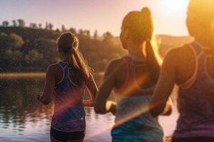 fechar-se tiro do de várias atletas corrida às pôr do sol de a lago dentro a nacional parque. generativo ai foto