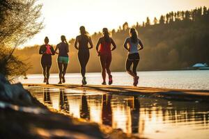 fechar-se tiro do de várias atletas corrida às pôr do sol de a lago dentro a nacional parque. generativo ai foto