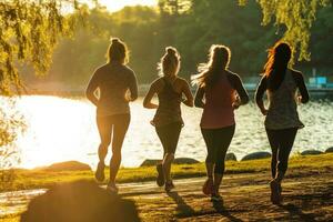 fechar-se tiro do de várias atletas corrida às pôr do sol de a lago dentro a nacional parque. generativo ai foto