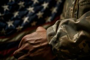 uma fechar - acima foto do a americano de soldado mão segurando uma guardada americano bandeira, representando honra e sacrifício. generativo ai