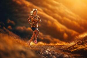 fechar-se tiro do fêmea atleta corrida às pôr do sol dentro nacional parque. generativo ai foto