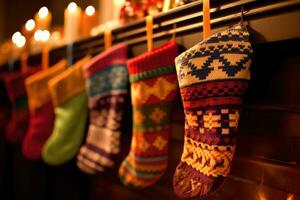 uma fechar - acima tiro do uma lareira manto adornado com uma linha do colorida e festivo meias. generativo ai foto
