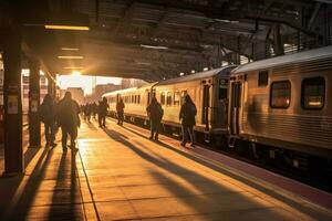 uma Largo - ângulo tiro do uma ocupado trem estação plataforma durante pico horas, enfatizando a eficiência e capacidade do público transporte. generativo ai foto