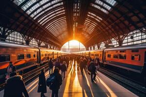 uma Largo - ângulo tiro do uma ocupado trem estação plataforma durante pico horas, enfatizando a eficiência e capacidade do público transporte. generativo ai foto