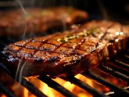 uma fechar - acima tiro do uma perfeitamente grelhado bife chiando em uma churrasco grade. generativo ai foto