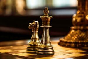 uma fechar - acima tiro do uma ouro rainha xadrez pedaço, em pé com confiança em uma tabuleiro de xadrez. generativo ai foto