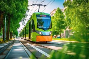 baixo - ângulo tiro do uma moderno elétrico eléctrico passagem por, exibindo a eco - amigáveis natureza do público transporte. generativo ai foto