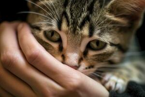 uma fechar - acima tiro do uma mulher mãos suavemente acariciando uma gato às a animal abrigo. generativo ai foto