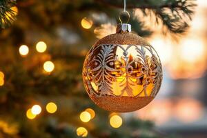 uma fechar - acima tiro do uma cintilante Novo anos enfeite suspensão a partir de a galhos do uma Natal árvore. generativo ai foto
