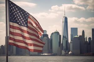 uma fechar - acima tiro do a americano bandeira suavemente acenando dentro a primeiro plano, com a icônico Novo Iorque cidade Horizonte Como uma deslumbrante pano de fundo. generativo ai foto