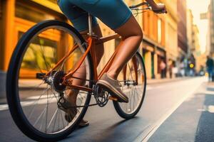 a vibrante energia e urbano vibração do uma jovem mulher ciclismo através uma movimentado cidade rua com uma fechar - acima tiro do dela pernas e a pedais. generativo ai foto