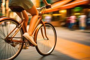 a vibrante energia e urbano vibração do uma jovem mulher ciclismo através uma movimentado cidade rua com uma fechar - acima tiro do dela pernas e a pedais. generativo ai foto