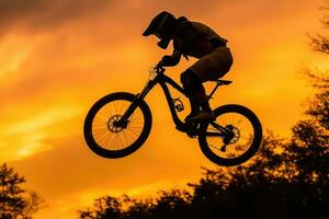 uma fechar - acima Visão do a silhueta do uma homem em uma bicicleta pulando dentro a dourado pôr do sol. generativo ai foto