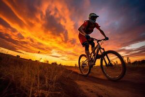 uma fechar - acima Visão do a silhueta do uma homem em uma bicicleta pulando dentro a dourado pôr do sol. generativo ai foto