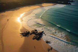 a serenidade do uma tranquilo de praia cena a partir de uma pássaro - olho Visão perspectiva. generativo ai foto