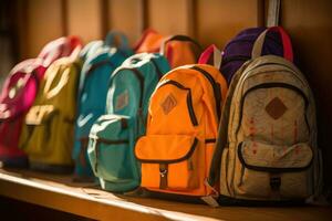 a diferente texturas e cores do a mochilas desgastado de uma grupo do multicultural crianças. generativo ai foto