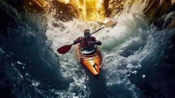 uma homem caiaque em uma velozes fluindo rio entre ampla pedras. generativo ai foto