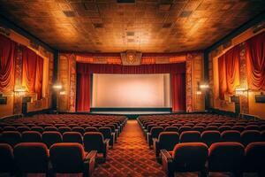 a atmosférico configuração do a velho - formado filme teatro. a vagamente aceso auditório, adornado com veludo cortinas. generativo ai foto