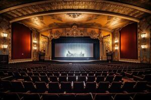 a atmosférico configuração do a velho - formado filme teatro. a vagamente aceso auditório, adornado com veludo cortinas. generativo ai foto