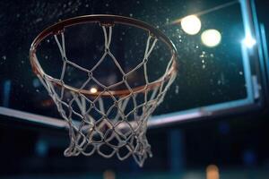 fechar - acima Visão do a basquetebol aro às a esvaziar urbano ao ar livre quadra às noite. generativo ai foto