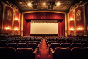 a atmosférico configuração do a velho - formado filme teatro. a vagamente aceso auditório, adornado com veludo cortinas. generativo ai foto