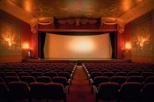 a atmosférico configuração do a velho - formado filme teatro. a vagamente aceso auditório, adornado com veludo cortinas. generativo ai foto