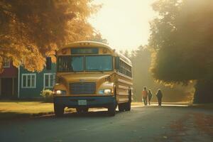 a atmosférico estabelecendo tiro do uma escola ônibus dentro a suave manhã claro. generativo ai foto