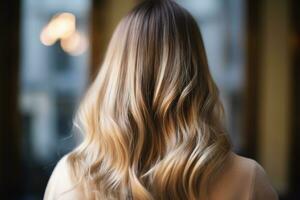 uma fechar - acima foto este vitrines a balayage efeito em cabelo a partir de a costas visualizar. generativo ai